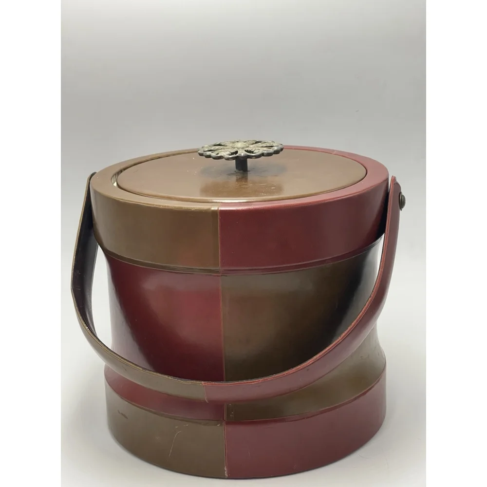 Ice Bucket Faux Brown Leather 1960s MCM Cocktails Academia Barware